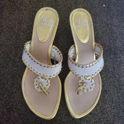 Whipstitch Thong Leather Sandals Gold White Suede Slide Kitten Heel