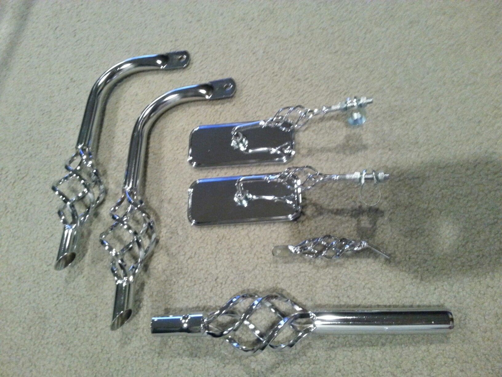 NEW LOWRIDER BIRD CAGE BICYCLE PARTS KIT, MIRRORS, BULLET LIGHT BRACE ONLY,SEAT POST & MUFFLERS, ALL PARTS HAVE BIRDCAGE