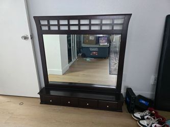 Dark Wood Dresser Mirror with Drawers