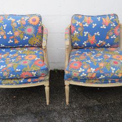 French Shabby Chic Distressed Painted Caned Side Fireplace Chairs A Pair 4944