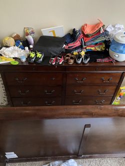 Queen bed dresser and mirror with out mattress and box spring and with out clothes