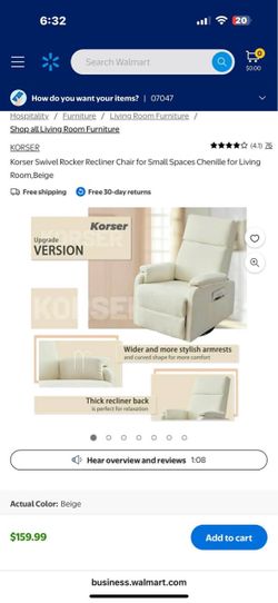 New in box Swivel Rocker Recliner Chair for Small Spaces Chenille for Living Room,Beige, 7035