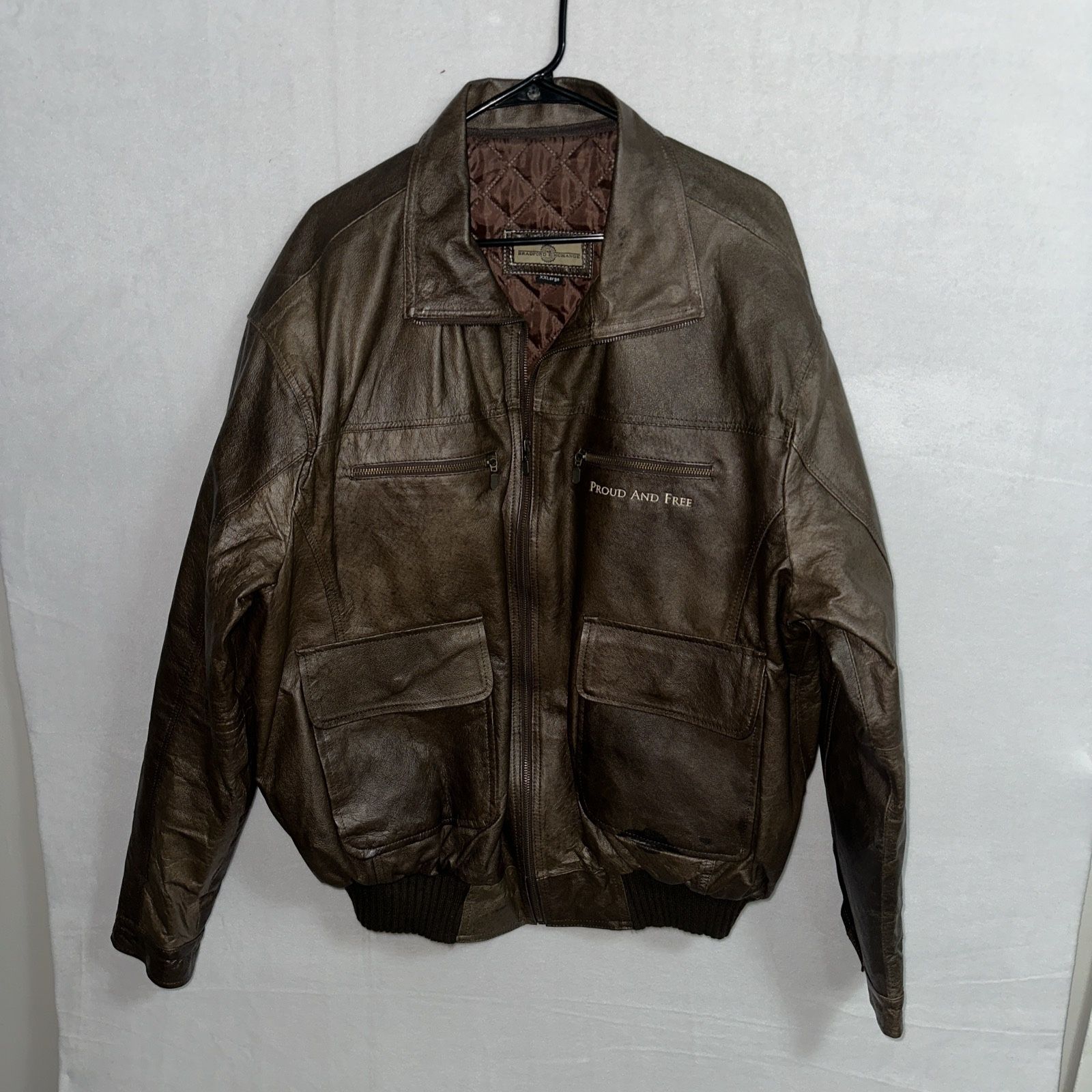 Bradford Exchange Leather Jacket Men’s 2XL Brown Aviator Lined Vintage American Flag USA
