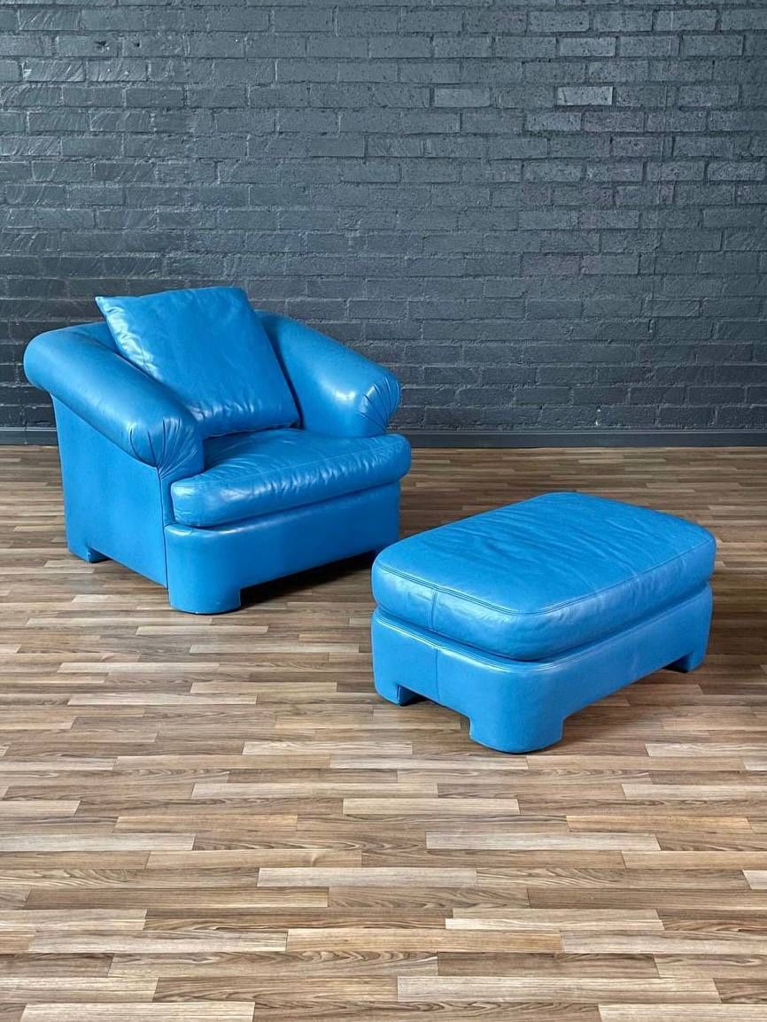 Vintage Post Modern Blue Leather Lounge Chair w/ Ottoman, c.1980’s - Delivery Available