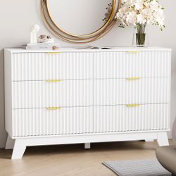 HUANLEGO 47” Fluted 6-Drawer Bedroom Dresser with Gold Handles – White