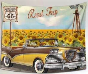 Route 66 Classic Sun & Sunflowers Road Trip Retro Car Wall Tapestry 37"× 28"