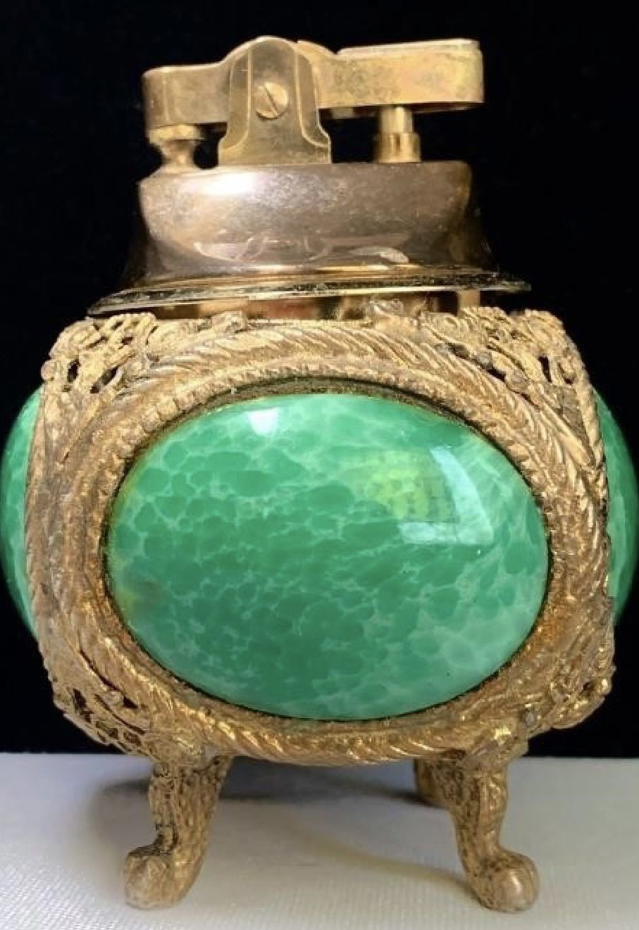Fancy antique Table Lighter w Peking Glass Cabochons Gilt