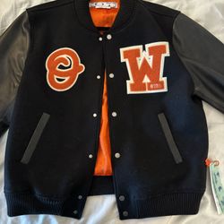 OFF-WHITE PATCH LEATHER SLEEVE VARSITY JACKET- BLACK/ORANGE  