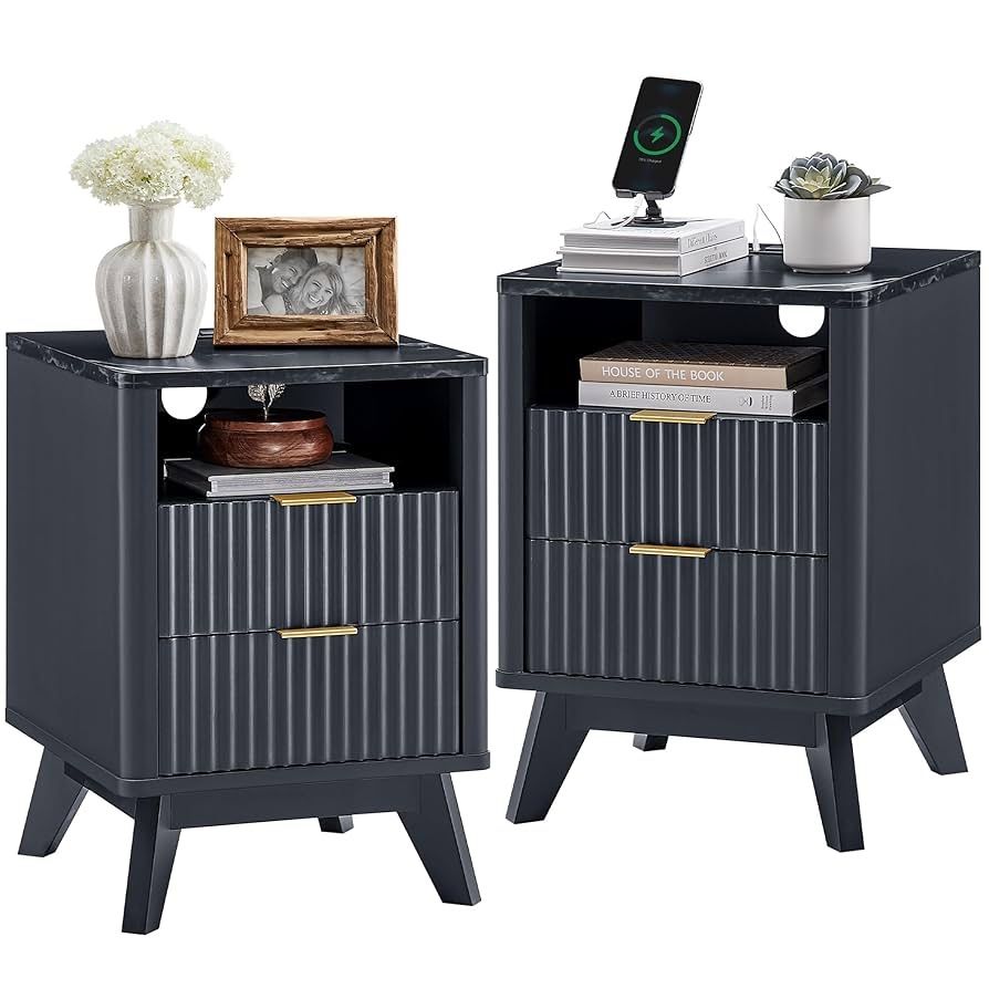 Fluted Nightstand with Charging Station, 18" Modern Side Table with Faux Marble Top, 2 Drawers End Table w/Storage, Bedside Table for Bedroom, Living