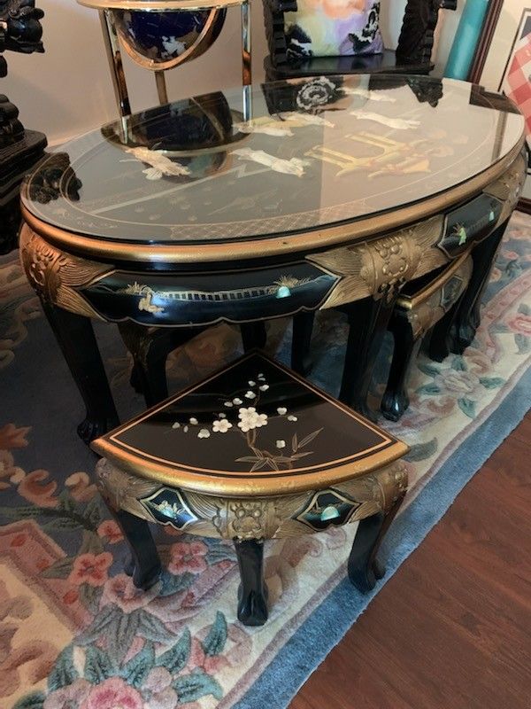 Chinese Black Lawyer With Mother Of Pearl 7 Pc Tea Table 6 Stools