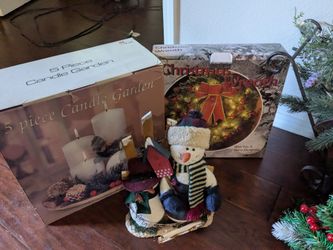 Christmas items, sleigh, candles, etc