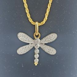 14k gold 0.45ctw VS diamond dragonfly pendant with 20" 1.40mm rope chain