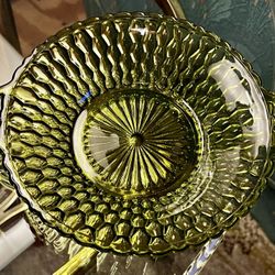 Vintage Indiana Glass avocado green dish with handles