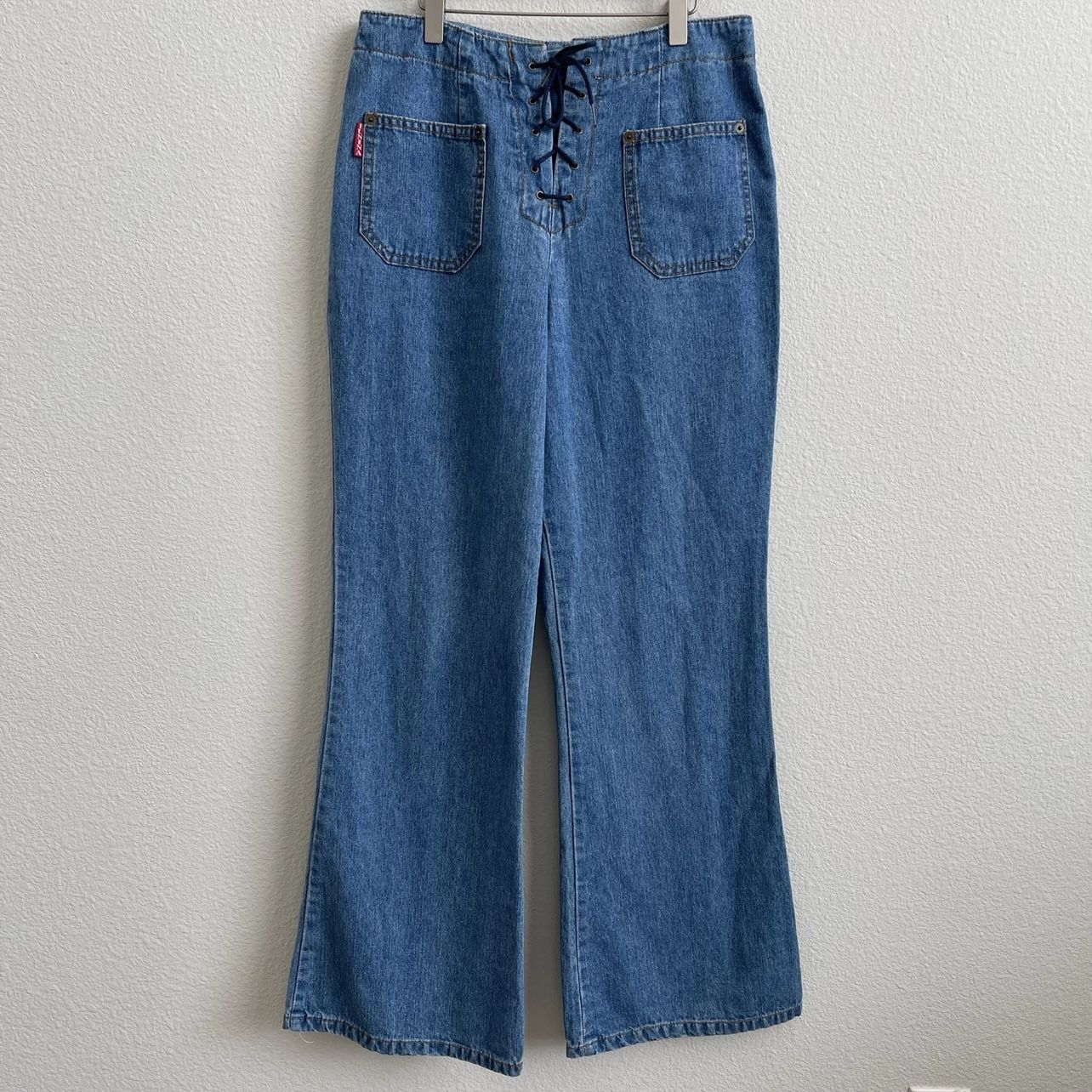 EUNINA Vintage 90s Light Blue Lace Up Fly High Waisted Hippie Flare Leg Jeans