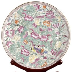 Large Vintage Chinese Famille Rose Porcelain Charger Statement Piece w/ Stand 25” Birds Floral