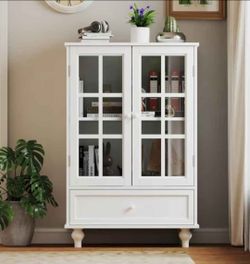 Sideboard Buffet Cabinet with Glass Doors and Drawer, Wooden Storage Cabinet with Adjustable Shelf