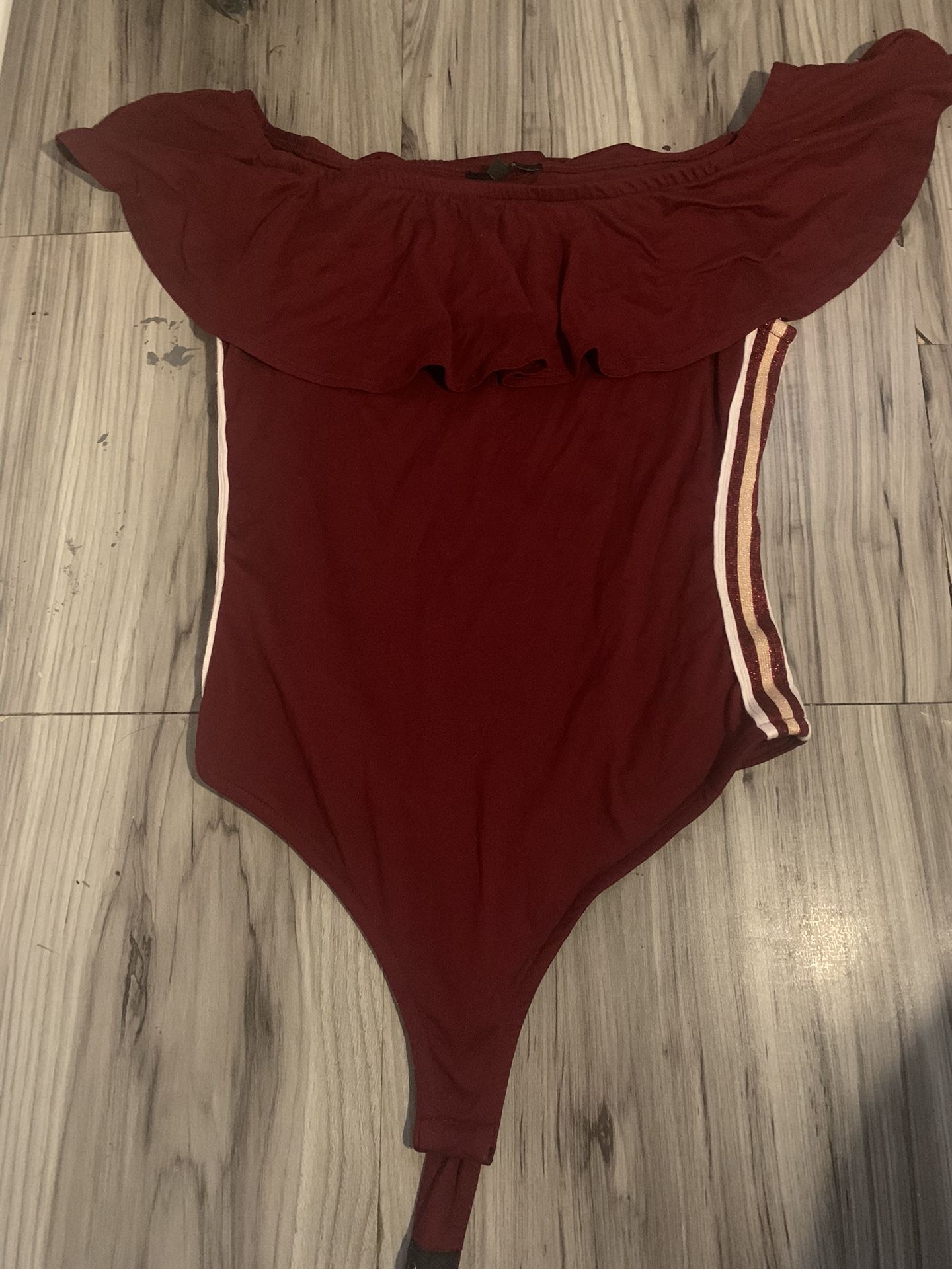 Burgundy Bodysuit Off Shoulder White Strips Top