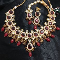 Monalisa Red Kundan Necklace Choker Set Indian Bollywood Pakistani Jewellery Set 