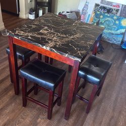 High Top Marble-Style Dining Table with 4 Stools – Great for Small Spaces