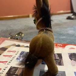 1960’s -70’s Flocked Donkey Figurine Flowers Bell & Chain 4 1/2”
