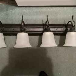 Bathroom Vanity Light With 4 Lights, Black With Touch Of Gold, Frosted Shades, 32 X 10 X 8.75”