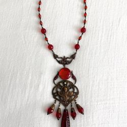 Large Vintage Art Nouveau Red Czech Glass & Brass Pendant Necklace(173)64
