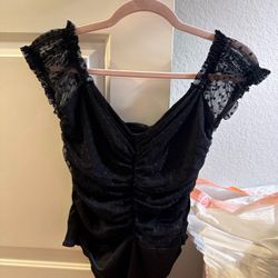 Haute Monde Black Ruched Mesh Lace Sleeve Bodysuit