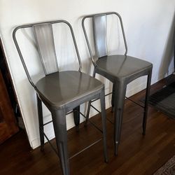 Industrial Metal Bar Stool Set (2) — Brushed Steel Finish