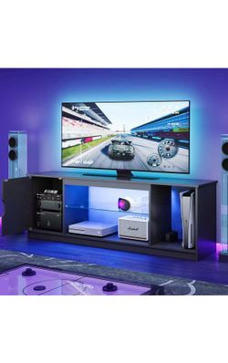 57"  Black Media Console - Gaming TV Stand for 65 Inch TV, Entertainment Center for PS5/Xbox Series X, Modern Home Theater Design, Adjustable Glass Sh