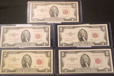 Lot of 5 US $2 Red Seal Legal Tender Notes