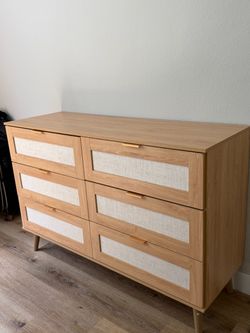 6-Drawer Wood and Rattan Dresser