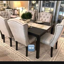 🖤🤍 Black/ Linen Farmhouse Style Dining Table And 6 Chairs✌🏻 Dining Room/ Kitchen👍 New Brand 🆕 Showroom Available 🫵