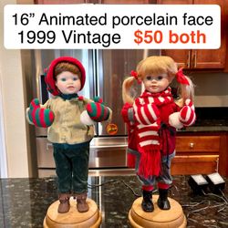 1999 Vintage Animated Nicole and Josh Porcelain Dolls Christmas decor by Santa’s Best