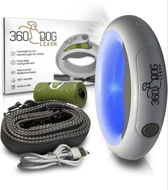 Dog Leash With LED Handle Light & Built-in Poop Bag Dispenser