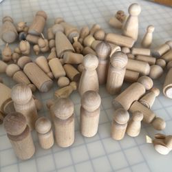 57 Wooden Peg Dolls Unfinished , Men, Women, Children, Bird