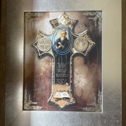 New St. Benedict Cross Picture w/ Gold Inlay & 13” x 11” Frame San Benito cuadro con marco dorado