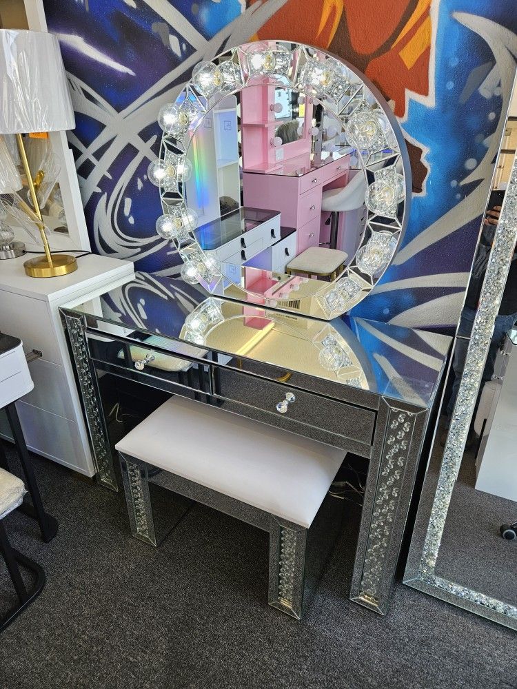 Brand New Vanity W/ Mirror Glass Style $599 FREE BENCH