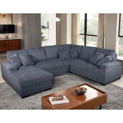 Brand New Jumbo Corduroy DARK GRAY LHF Fabric U-Shaped Pull Out Sectional Sofa w/ Storage Chaise + Pillows