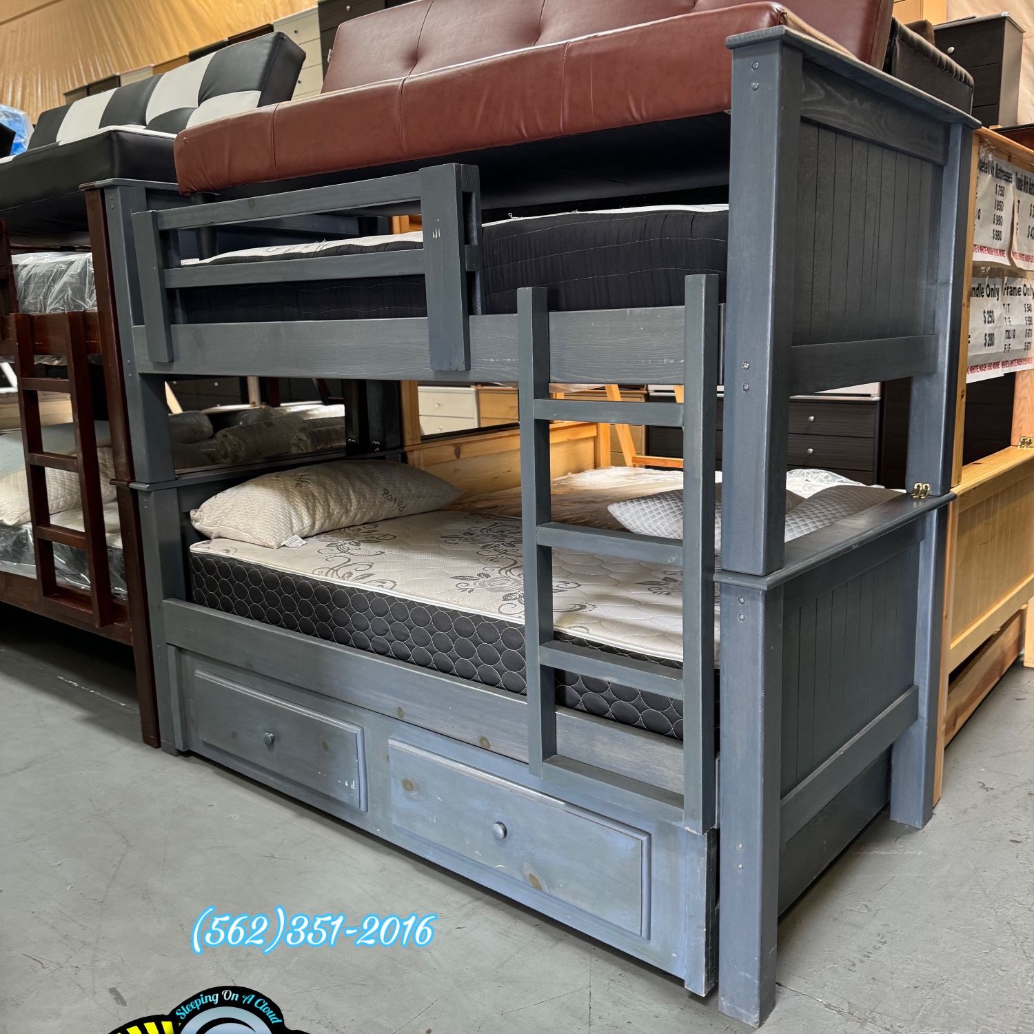Twin / Twin / Twin Grey Solid Wood Bunk Bed Litera Complete Set With All Three Mattresses 
