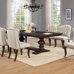 7pc Dining Table Set With 6 Beige Wingback Tufted Chairs