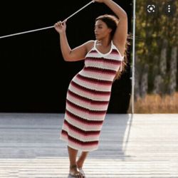 Zara crocheted knit red pink striped bodycon midi dress cover up M