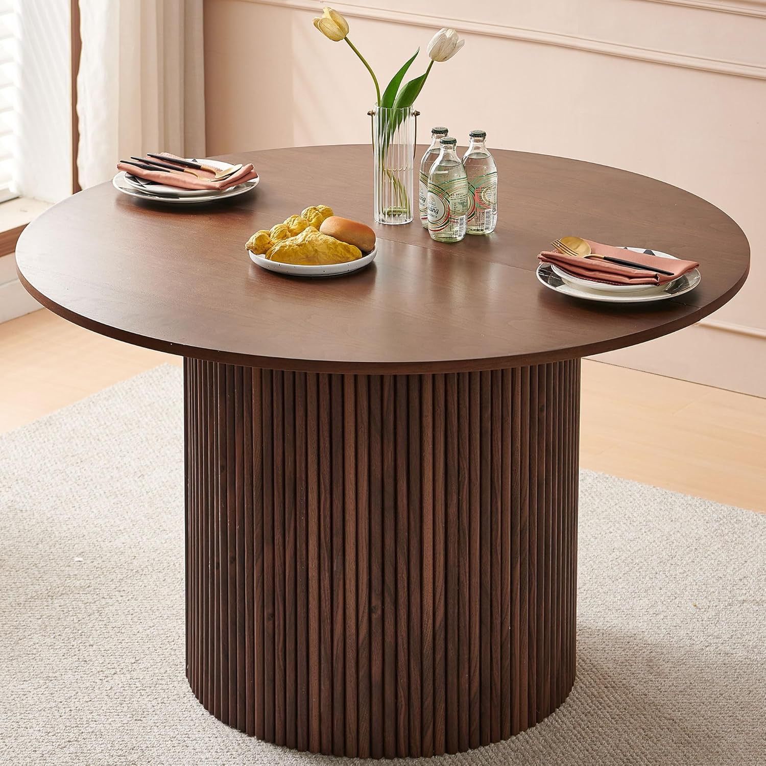 47" Round Dining Room Table Walnut Wood Veneer Tabletop, Farmhouse Dinner Table with Two-Part Tabletop for 4-6, Rustic Circel Dining Table with MDF St