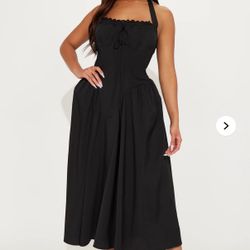 Corset Poplin Midi Dress - Black