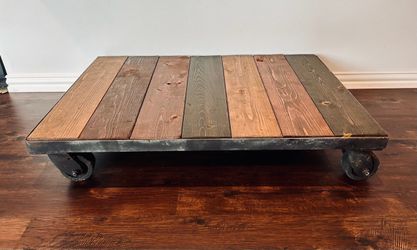 Vtg Industrial Factory Cart Coffee Table, Wood Top and Metal Casters