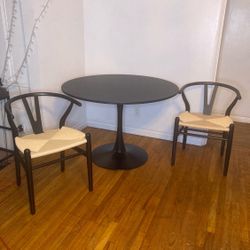 Modern Round Black Dining Table + 2 Wishbone Chairs