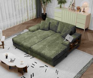 Convertible combination sofa, corduroy fabric, fluffy modern sleeper sofa chair, oversized combination living room double lounge chair, Green