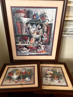 Set of 3 Framed vintage Barbara Mick Farmers Market Art Prints
