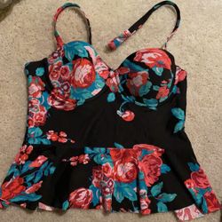 Black And Floral Print Top Tankini