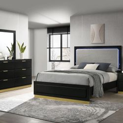 Bedroom Set 4 Pc Black/ Gold Finish, Light Grey Fabric, Solid Wood,others. Center Metal Drawer Glides, Gold Hardware Finish, Foundation Required. New