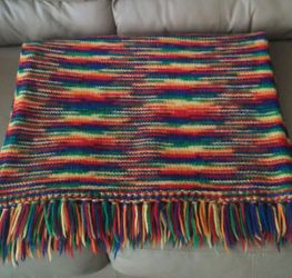 Vibrant Rainbow Striped Knitted Lap Throw W/Fringe